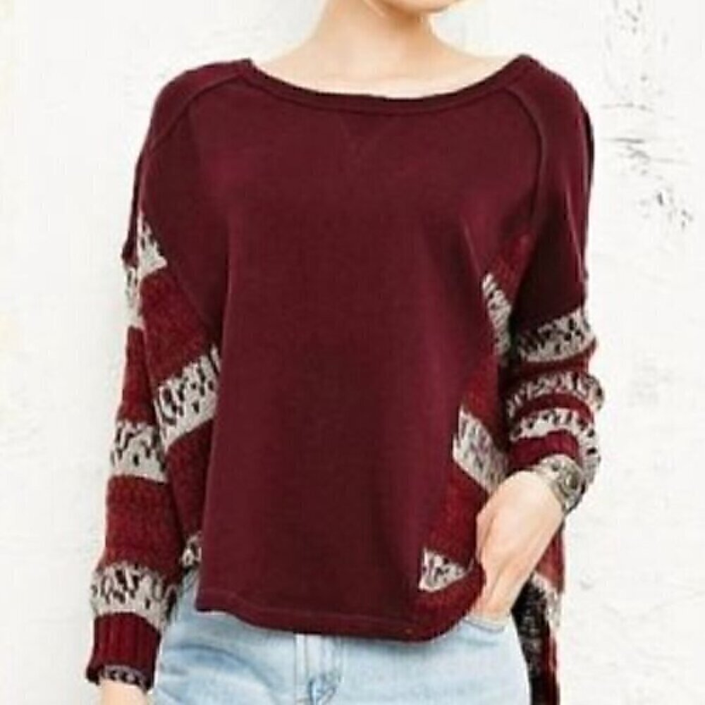 MYSTREE ANTHROPOLOGIE Burgundy Maroon Red Striped Sweater Sleeve Boho Sweatshirt